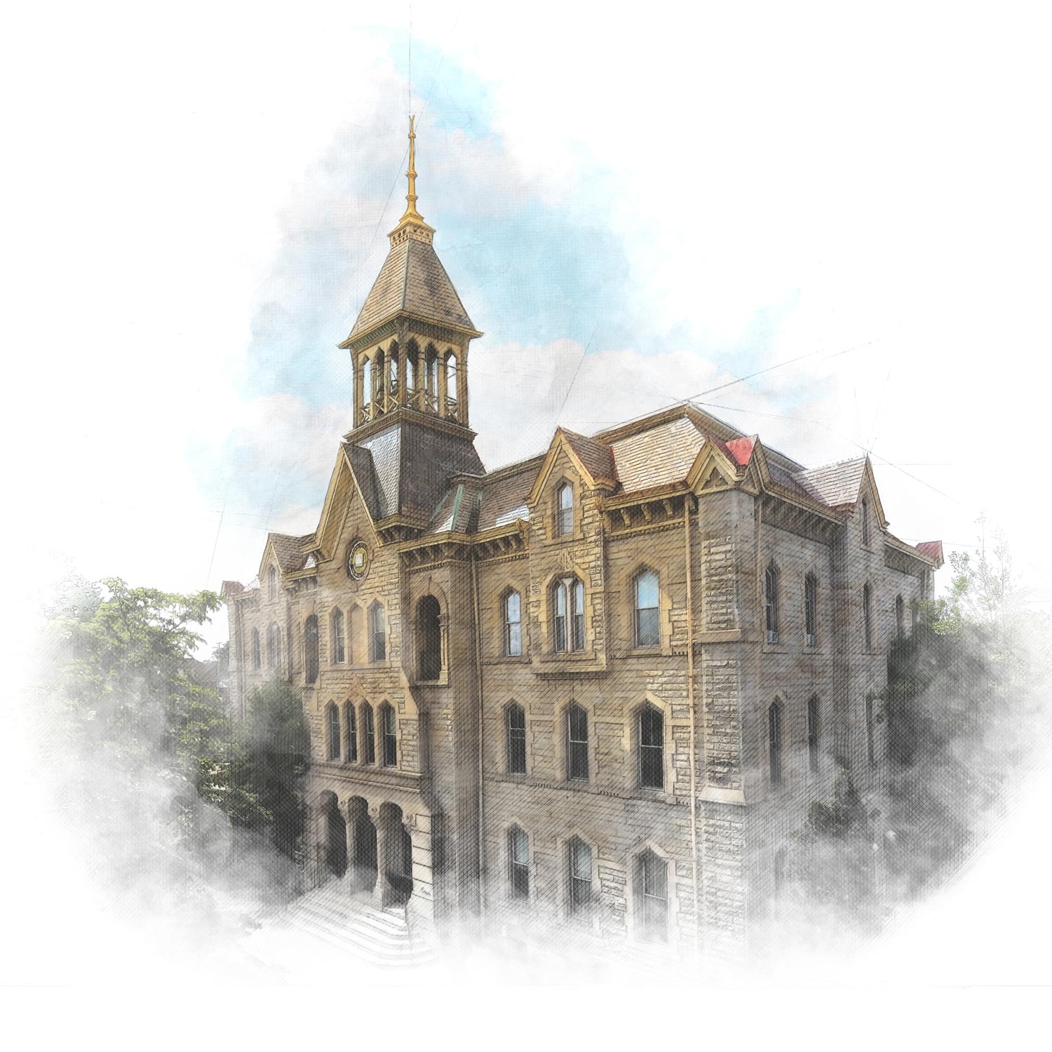 Colored Pencil Sketch of Geneva's Historic Old Main Building